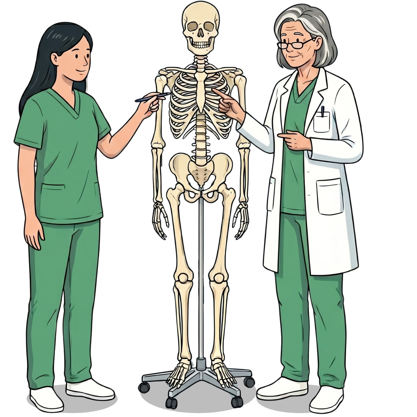 Studentin zeigt in mündlicher Prüfung die Anatomie am Skelett