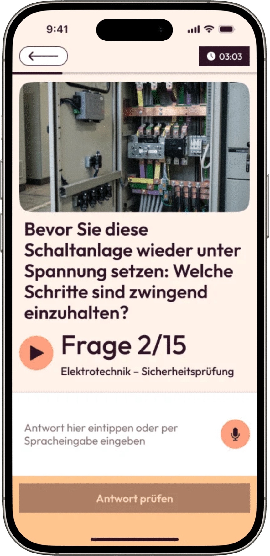 Megunto-App mit einer Übungsfrage aus der Elektrotechnik