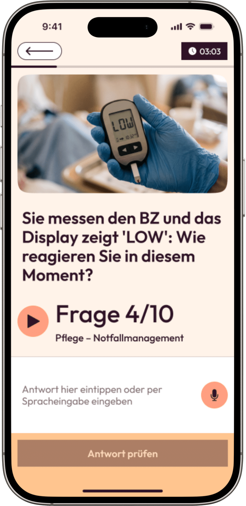 Megunto-App mit einer Übungsfrage aus der Pflegeausbildung