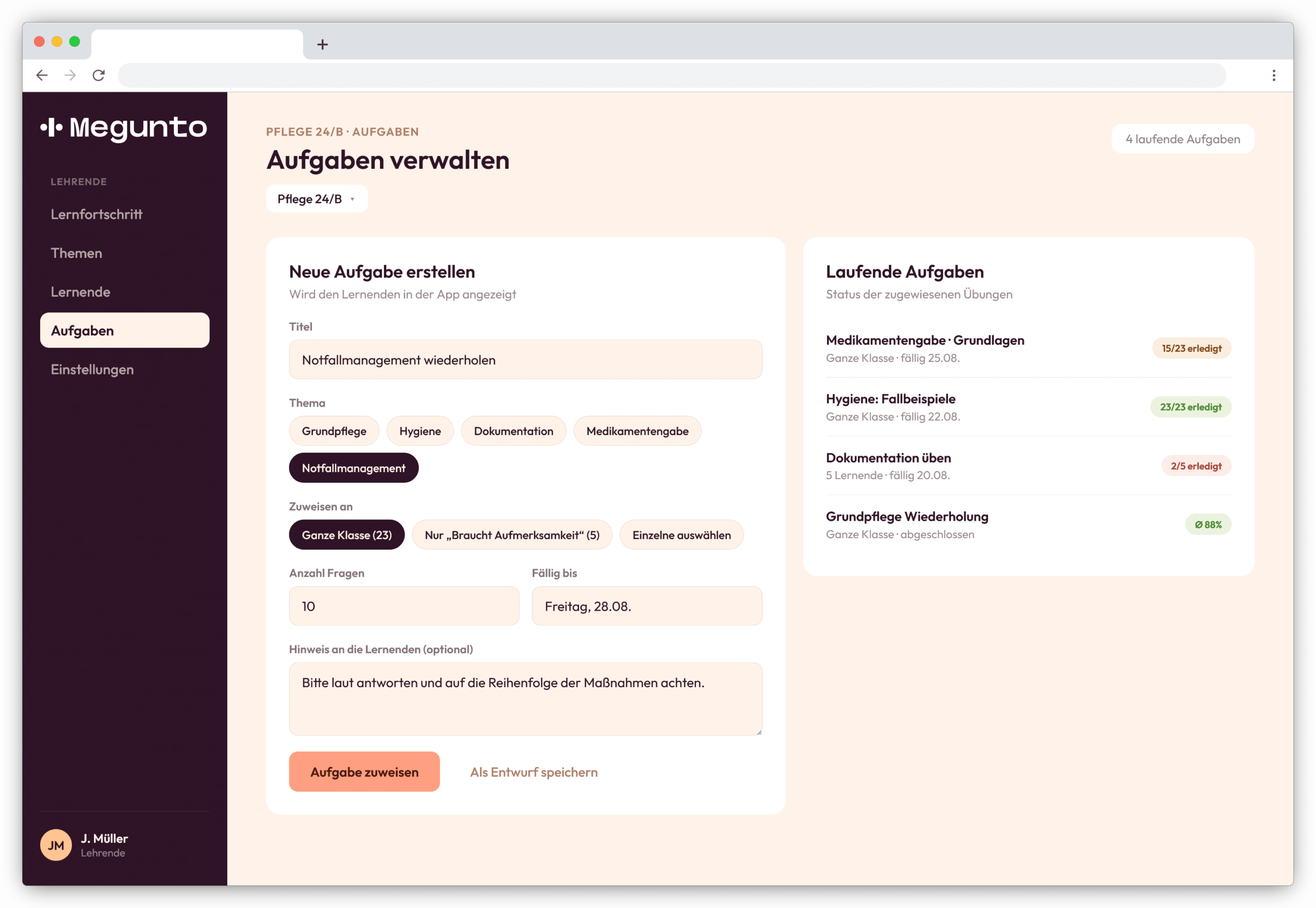 Lehrendenansicht in Megunto: Aufgaben verwalten
