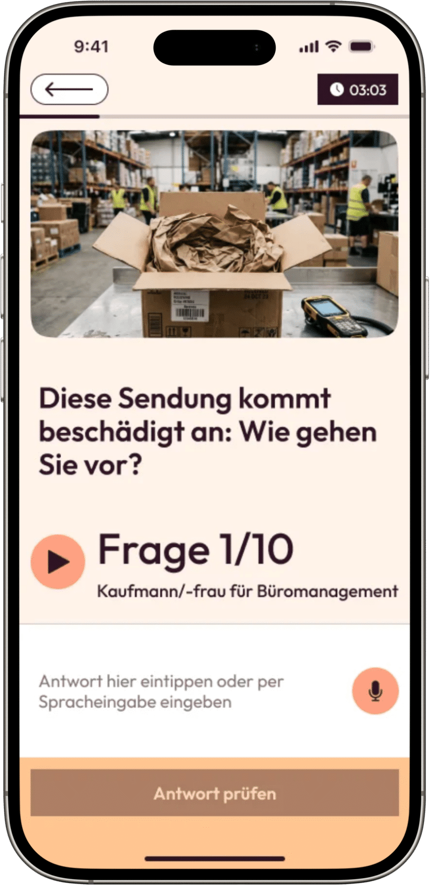 Megunto-App mit einer Übungsfrage für eine IHK-Prüfung