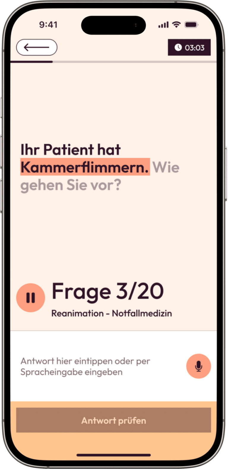 Megunto App mit einer Übungsfrage zur Prüfung für die Zusatzbezeichnung Notfallmedizin